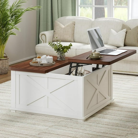 Farmhouse Coffee Table with Hydraulic Lifter, Square Coffee Table with Large Hidden Storage Compartment for Living Room, Wooden Coffee Tables with Brown Flip-Top Lids for Home Office, White