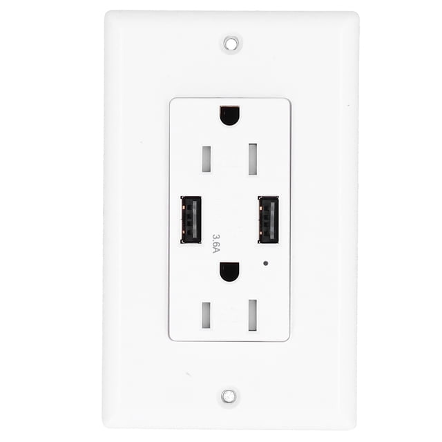 Receptáculo delgado USB GFCI con toma de tierra y interruptor de circuito con protección contra fallas a tierra, CA 125 V, LDURL15 A, A+A, 3,6 A