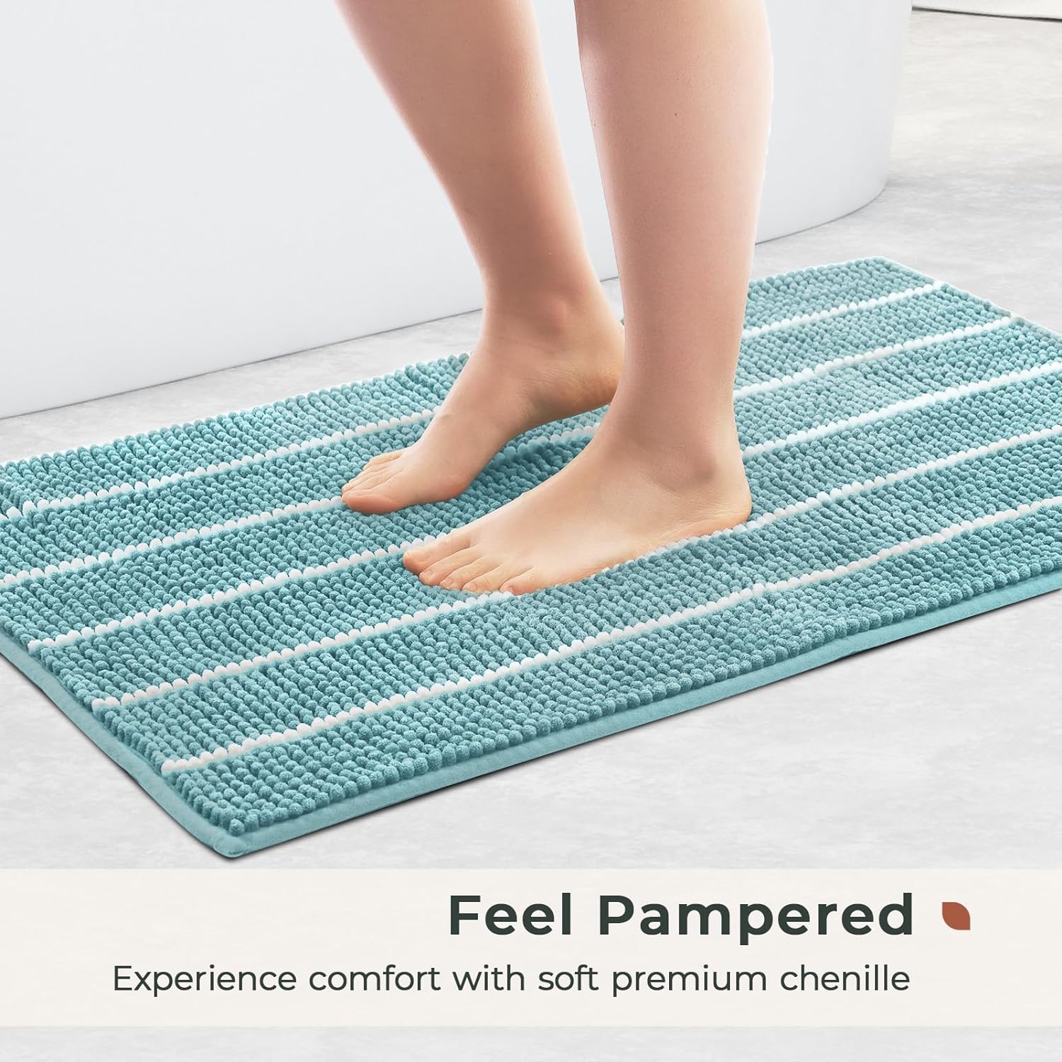Stripe Chenille Bathroom Rugs Set 2 Piece 17"x24"+20"x32", Water Absorbent Soft Bath Mat for Bathroom, Non Slip Bath Rug Washable Quick Dry Shower Mats, Aqua Blue and White