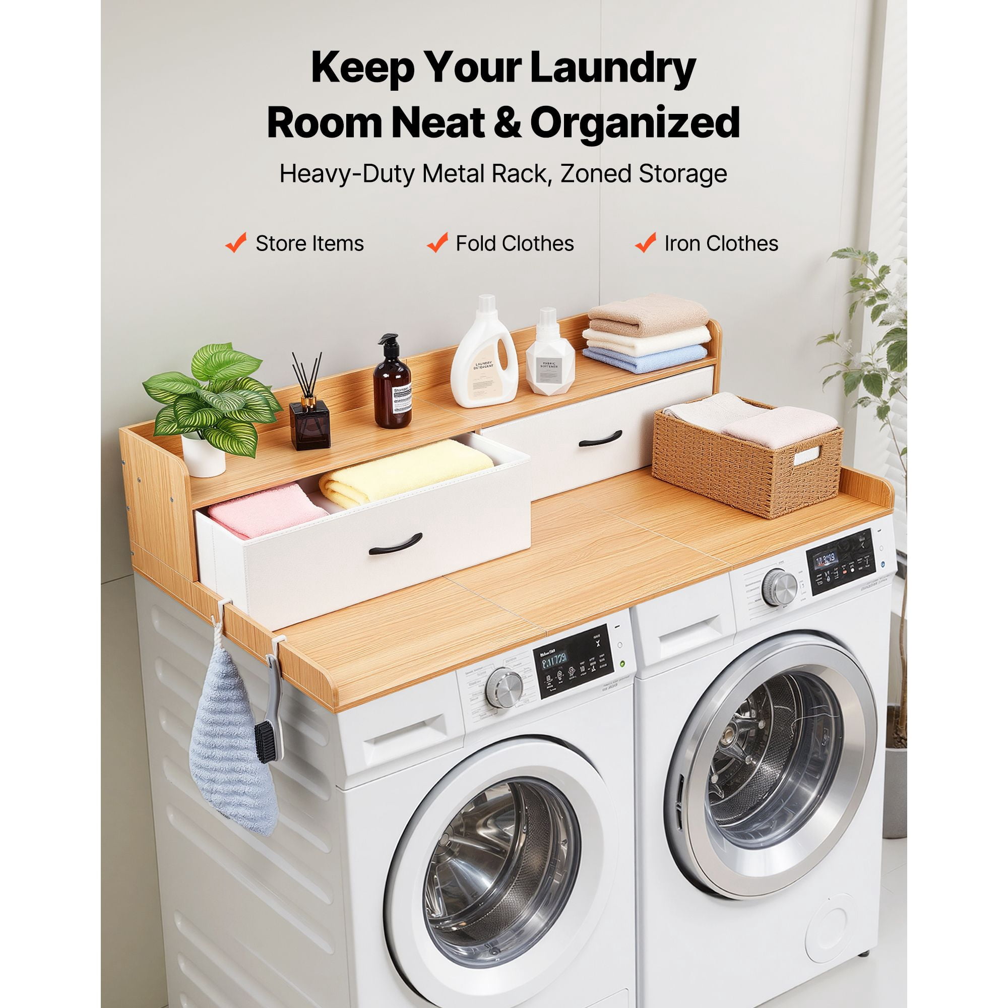 Wooden Washer Dryer Countertop 54x27.5" w/ Shelf, 2 Drawers & 2 Hooks, Laundry Topper for Storage & Organization, light brown