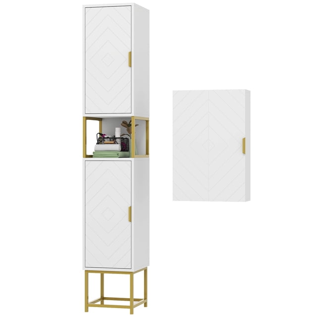 2-Piece White Bathroom Storage Cabinet Set, Tall Floor Standing & Wall Mounted Cabinets with Adjustable Shelves, Diamond Chevron Pattern, Gold Handles for Small Bathrooms
