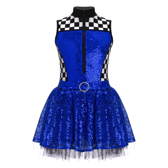 renvena Girls Sequin Racer Dress Checkered Speed Race Car Driver Jumpsuit Sparkle Racing Royal Blue 12