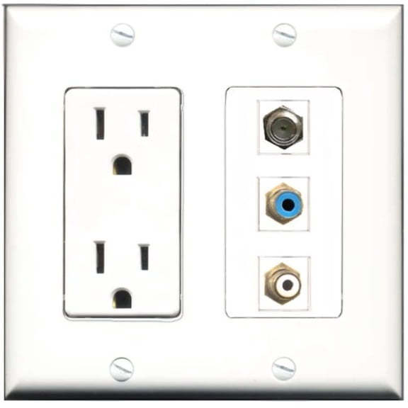 RiteAV - 15 Amp Power Outlet 1 Port RCA White 1 Port RCA Blue 1 Port Coax Decorative Wall Plate