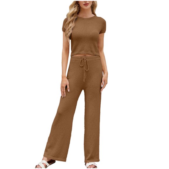 Enjoytime Travel Outfits for Women Knitting Crewneck Short Sleeve Tops with Pants Two Piece Sets Comfy Matching Loungewear