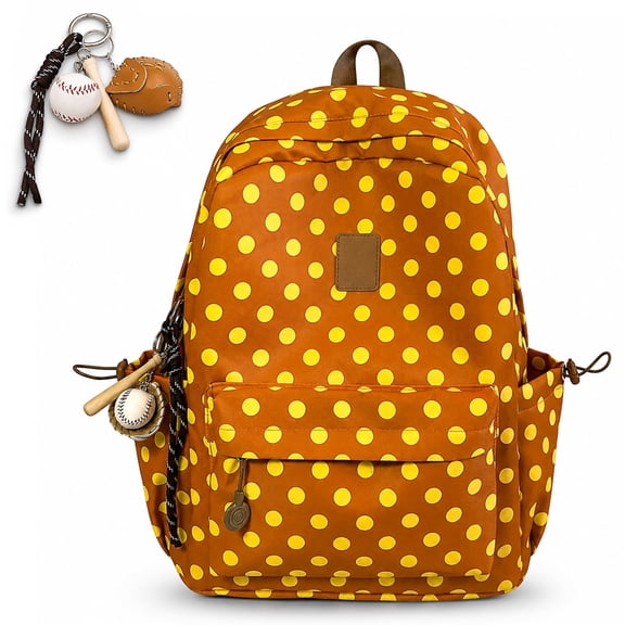 Cute Pink Polka Dot Backpack with Charm | Lightweight Nylon Backpack , Aesthetic Y2K School Daypack with Multi Pockets for Back to School, Travel and Daily Use