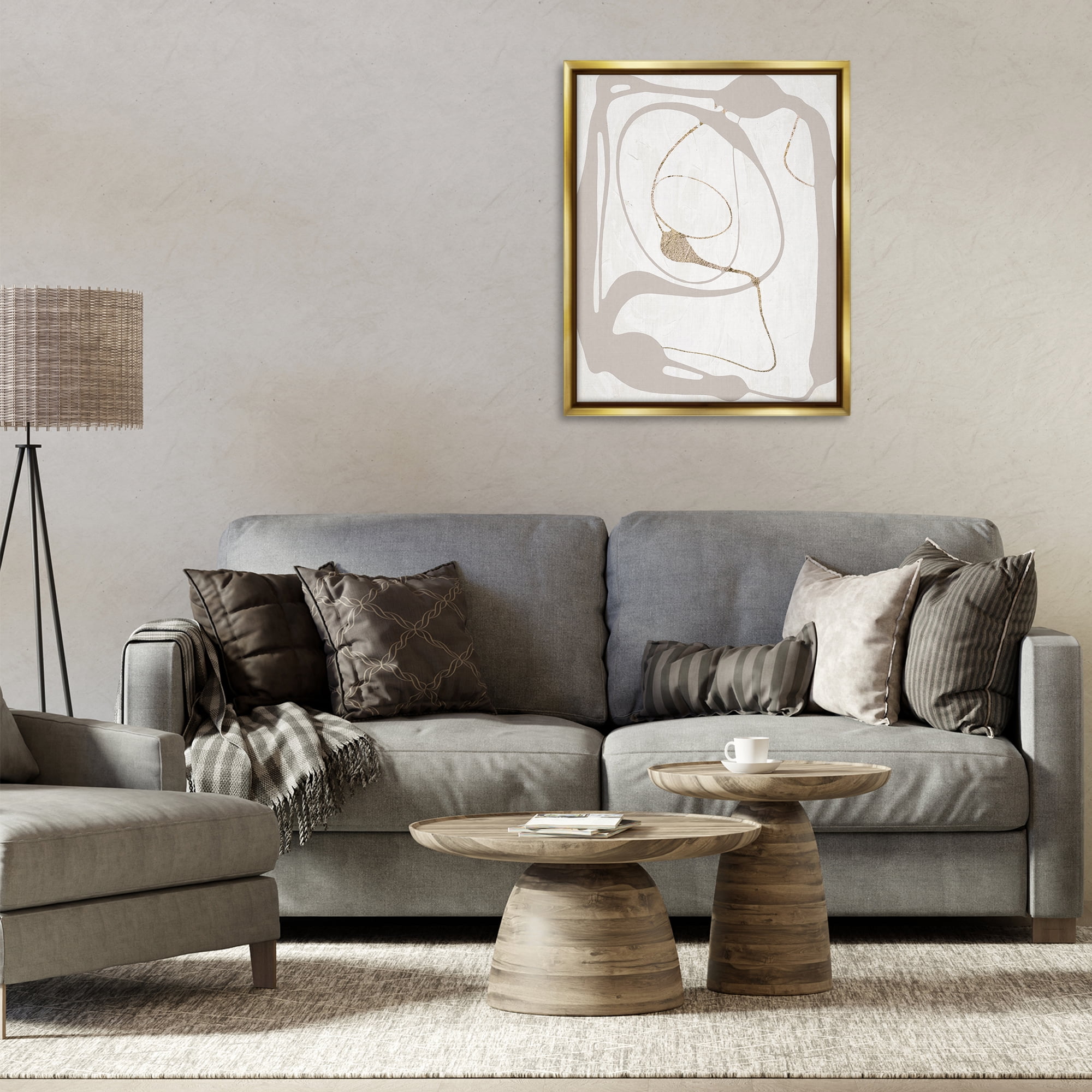 Stupell Industries Gray Very Abstract Figure Abstract Painting Gold Floater Framed Canvas Art Print Wall Art, 25 x 31