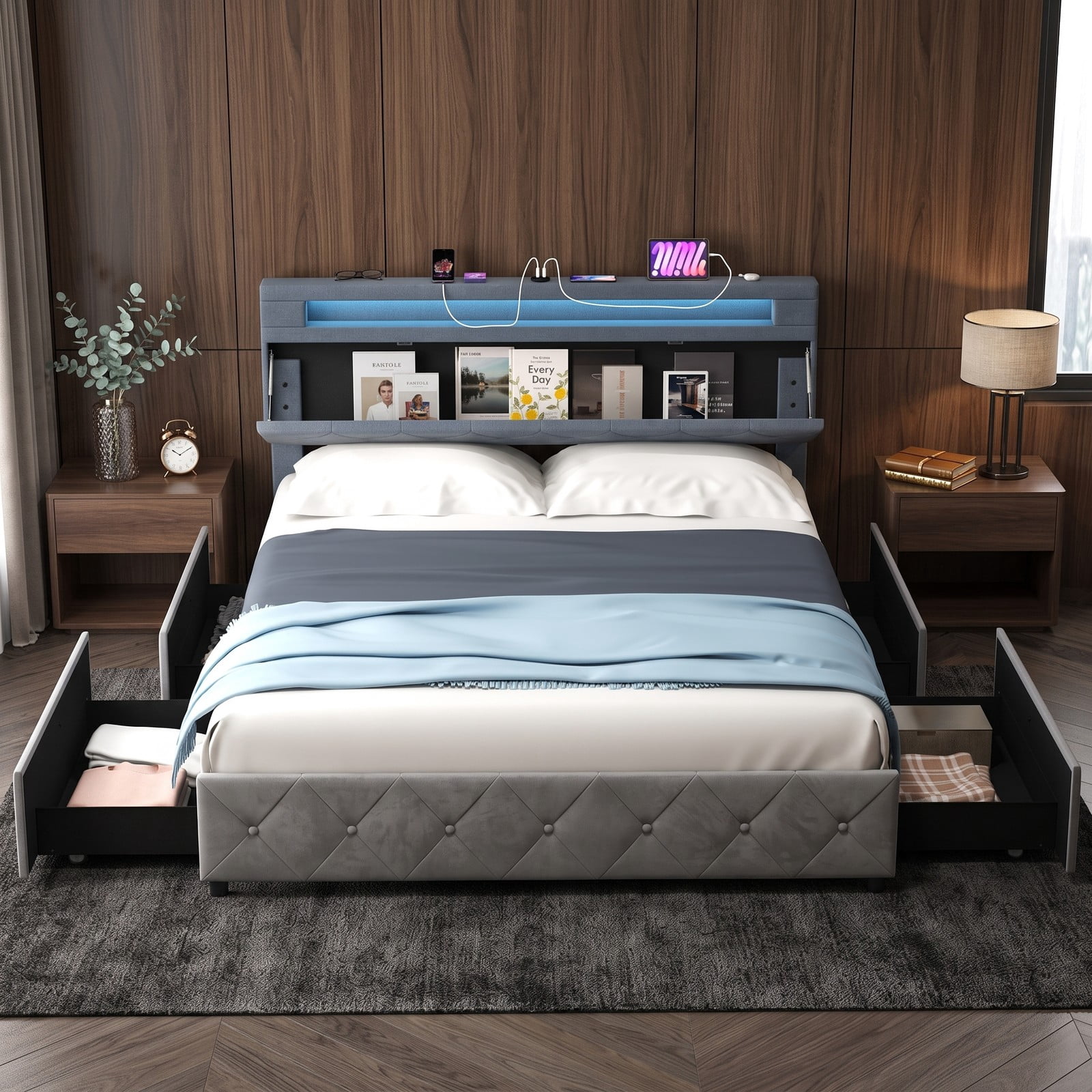 Furnibear Queen Size Bed Frame with LED Storage Headboard 4 Drawers and USB Ports, Upholstered Queen Platform Bed Frame for Bedroom, Gray