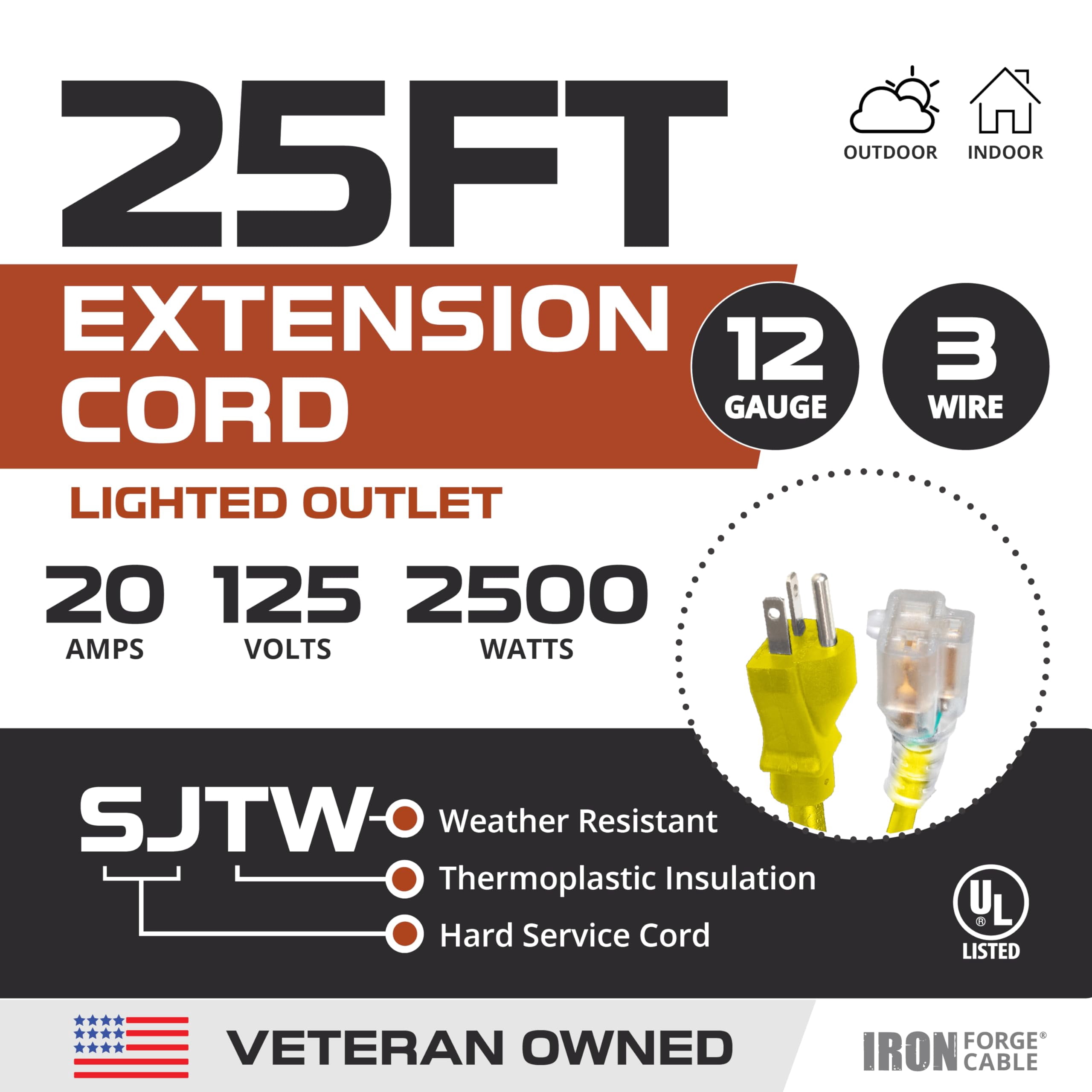 Iron Forge Cable 25 Ft Extension Cord - Nema 5-20 Extension Cord, 5-20P to 5-20R Lighted Yellow SJTW 12 Gauge Electric Cable, 20 Amp Heavy Duty