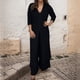 thumbnail image 2 of Conjunto de dos piezas de gasa para mujer talla grande: top de cuello en V y manga larga + pantalones, traje de playa, diseño con abertura, para primavera-verano, 2 of 8