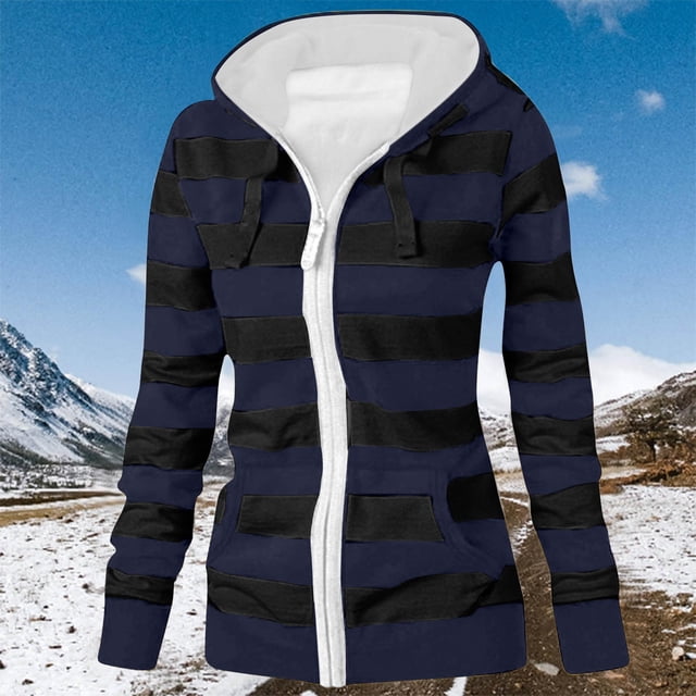 WRKEKC Striped Print Hooded Cardigan Zip Front Kangaroo Pockets Street Style Comfort Plus Sizes Navy L