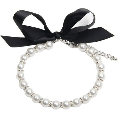 Derest Dog Cat Pearl Necklace Collar with Bling Accessories and Ribbon Bow  Pearls Necklace Jewelry for Female Dogs Cats  Fashion Pearl Collar Necklace for Dogs Puppy Kitten Birthday Party