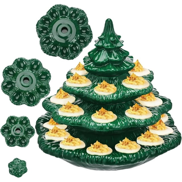 Bandeja de Huevos Rellenos de Árbol de Navidad | Bandeja de cerámica verde festiva con tapa | Contiene 24 huevos | Plato de servir reutilizable para fiestas | Diseño brillante en forma de planta |