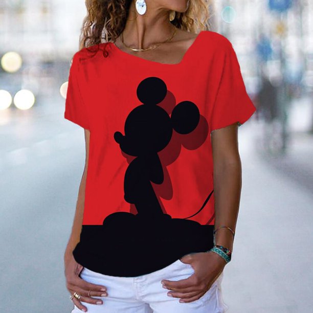 Women Disney Mickey Mouse Minnie 3D Print T-Shirt Loose Short Sleeve T-Shirt Top Fashion Ladies Boho V-neck 3D T-shirt XS-5XLL Gao Jinjia LED