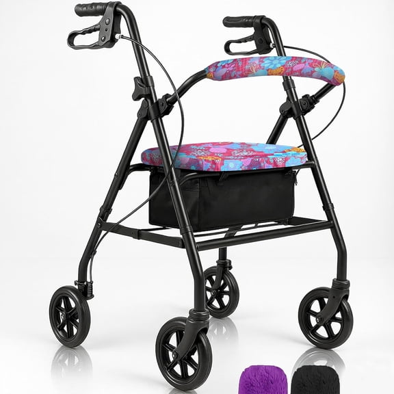 Steel Rollator Walker with Seat - Foldable, Narrow, Rolling Senior Walker for Small Spaces - 4 Wheel Lightweight Adult Easy Drive with Underseat Storage, Adjustable Height (Black)