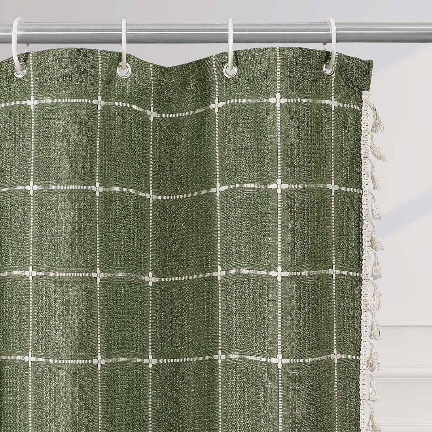 Zrodlmo Boho Farmhouse Shower Curtain with Hooks Rustic Cottagecore Fabric Bathroom Curtain with Tassels, 72" x 72", Green