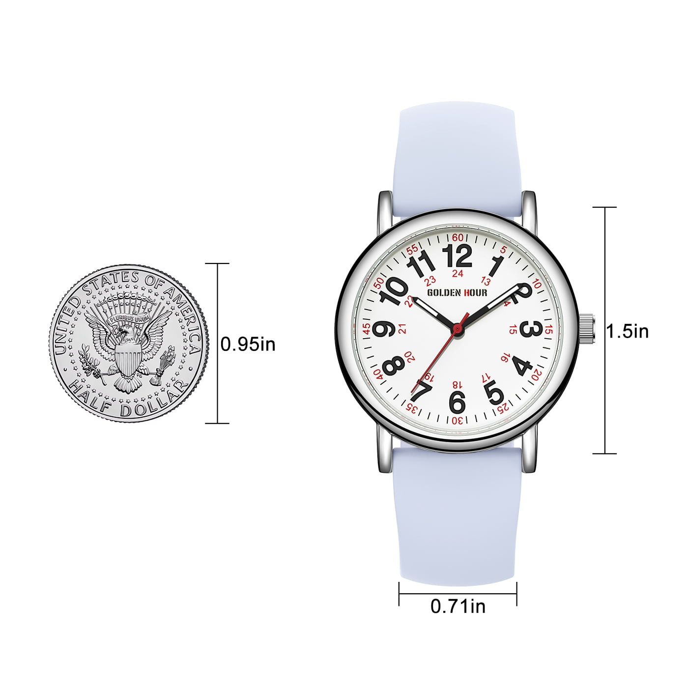 GOLDEN HOUR Waterproof Nurse Watch for Medical Professionals, Students Women Men - Military Time Luminouse Easy Read Dial, 24 Hour with Second Hand, Colorful Silicone Band