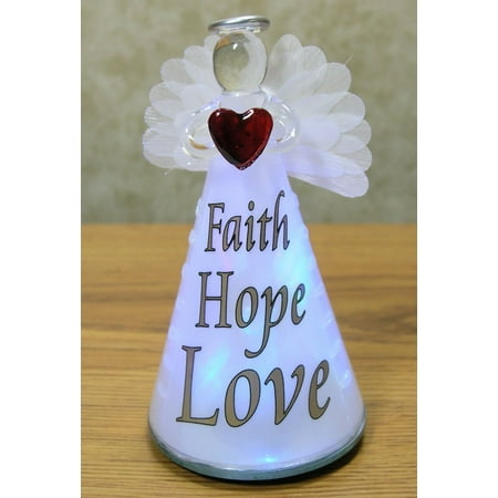 - Lighted Angel Figurine FAITH HOPE LOVE - Frosted Glass LED Color Changing Praying Angel Statue Holding Red Heart