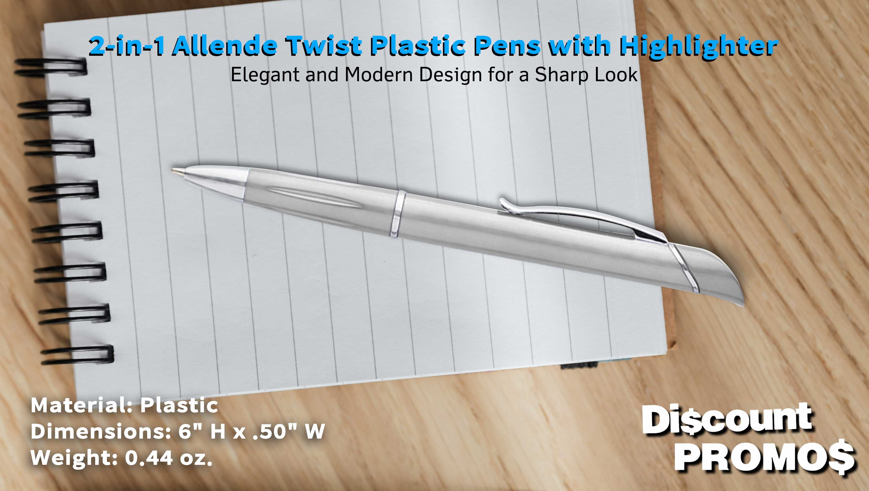 10 Allende Twist Plastic Pens with Highlighter Pack - Stylish, Durable, Black Ink - Silver