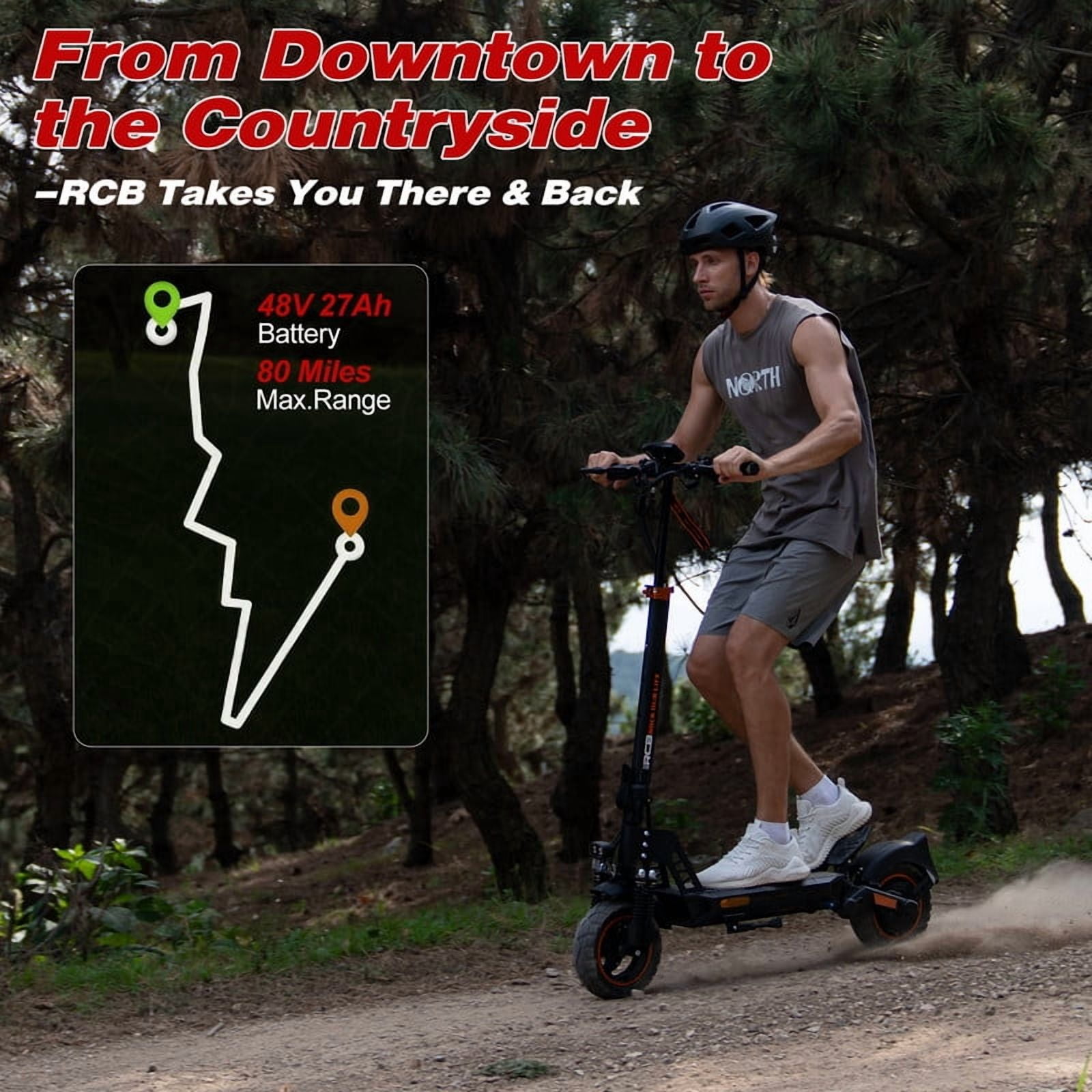 RCB D5PRO Electric Scooter Adult,1600W Peak Motor, 48V27Ah Battery, Up to 80 Miles Range, 10"Anti-Flat Off-Road Tires, Dual Brakes&Dual Suspension, Foldable Commuter Scooter with App & NFC
