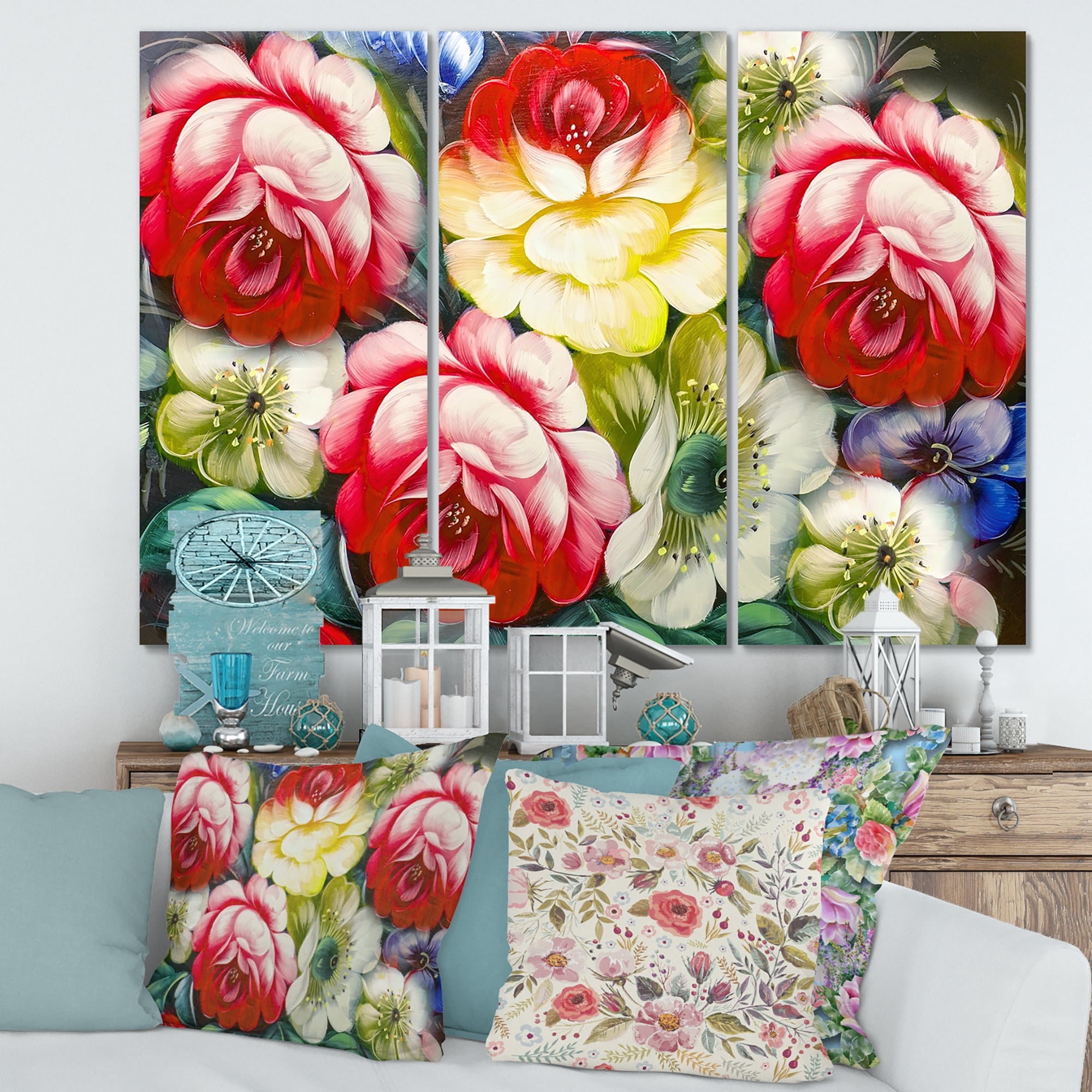 Designart ' Vintage VIbrant Yellow and Red Flower Still Life I ' Traditional Canvas Wall Art Print