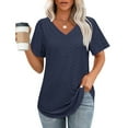 thumbnail image 2 of Hot days, bold styles Olyvenn Short Sleeve Tops for Women Eyelet Solid Color Dressy V Neck Blouse Casual Loose Fashion Shirts Pullover Tunics Navy M, 2 of 5