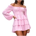 thumbnail image 4 of COMVALUE Women's Dress Off Shoulder Layered Ruffle Long Sleeve Mini Dress Summer Slim Fit A-line Party Club Dresses for Women 2026 (M, Pink), 4 of 9