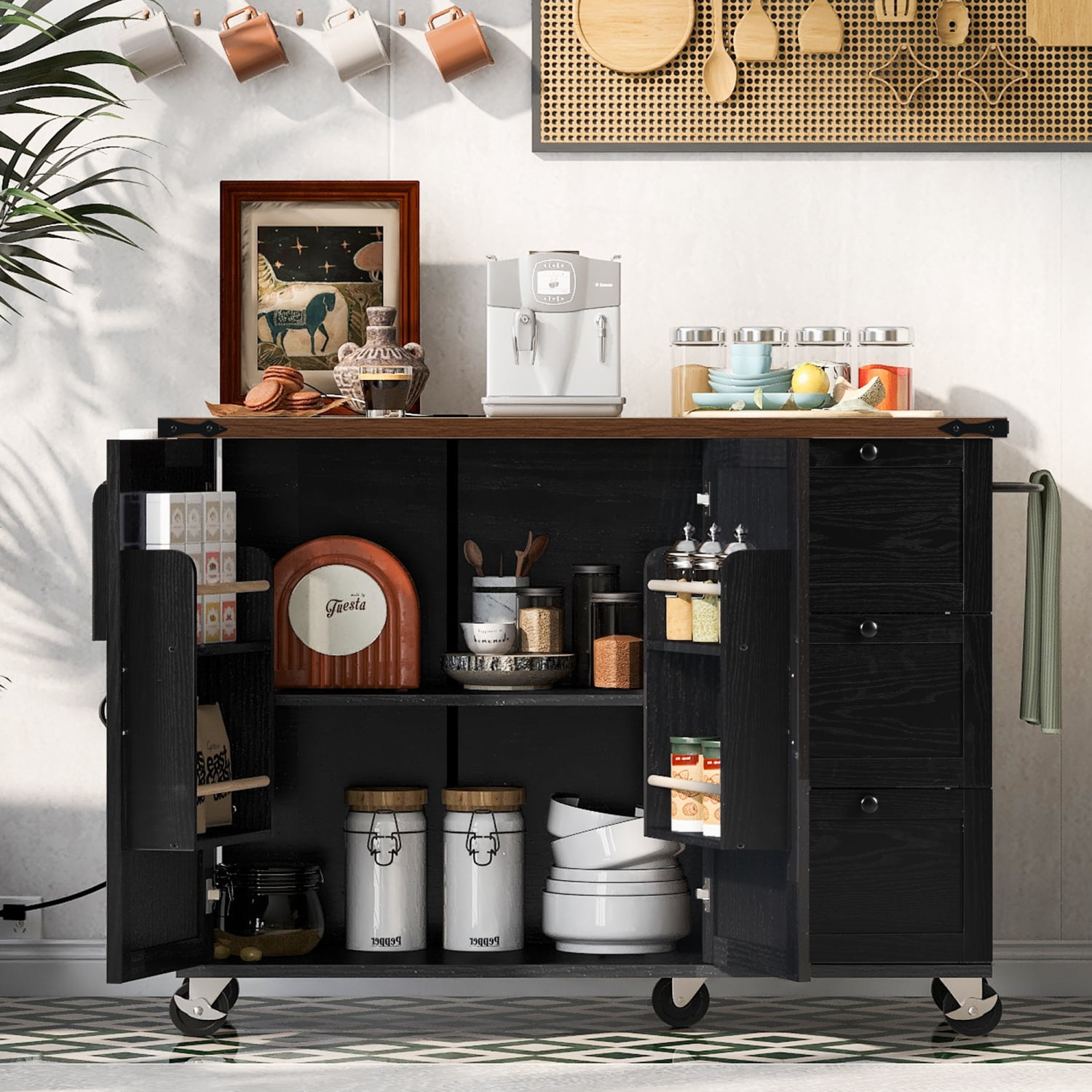 Harper & Bright Designs Farmhouse Kitchen Island with Power Outlet, Kitchen Storage Island with Drop Leaf, Rolling Kitchen Cart on Wheels with Internal Storage Rack, Spice Rack, Black
