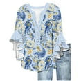 thumbnail image 2 of Womens 3/4 Length Sleeve Shirts Fashion New Ruffle Sleeves Blouses Retro Floral Printing Shirts Casual Loose V Neck Spring Summer Top Comfortable Button TShirts Pullover, 2 of 5