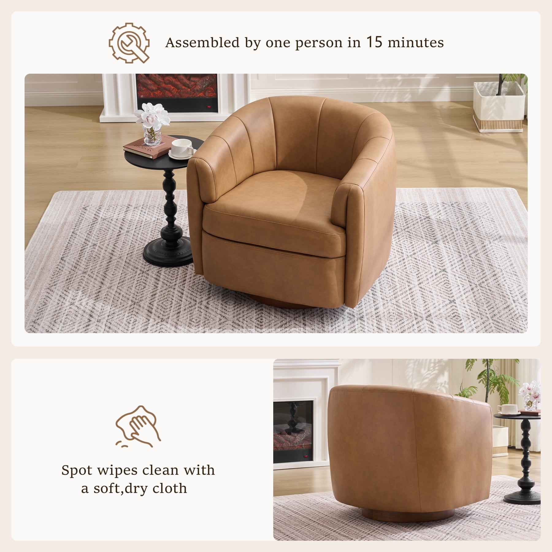 Leumius PU Leather Swivel Accent Chair, Upholstered Armchair with Solid Wood Base,Comfy Reading Chair With Curved Thickened Backrest,Camel PU