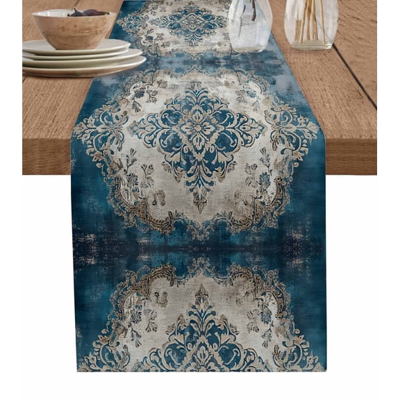 Blue Boho Floral Table Runner 36 Inches, Vintage National Flower Bed Runner Dresser Scarves Tabletop for Indoor Outdoor Parties/Ceremony/Banquet, 13"x 36"