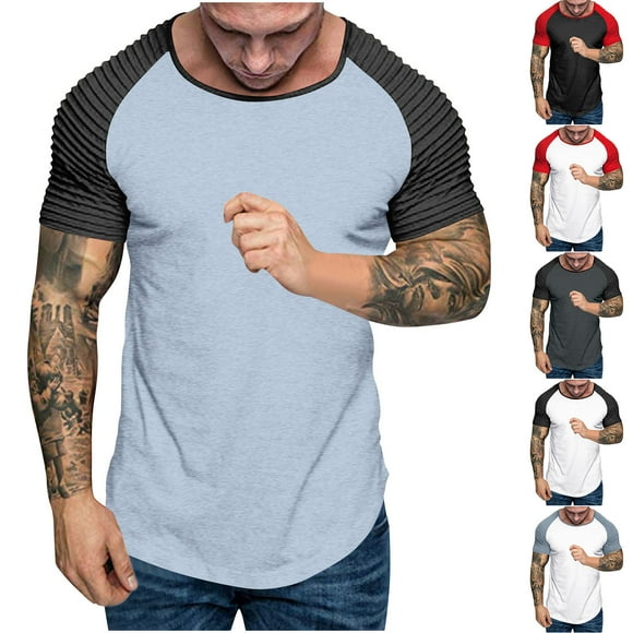 Momasggi Men's Muscle T-Shirts Pleated Raglan Sleeve Gym Tees Color Block Short Sleeve Crew Neck Shirt Fashion Workout Tops Black L