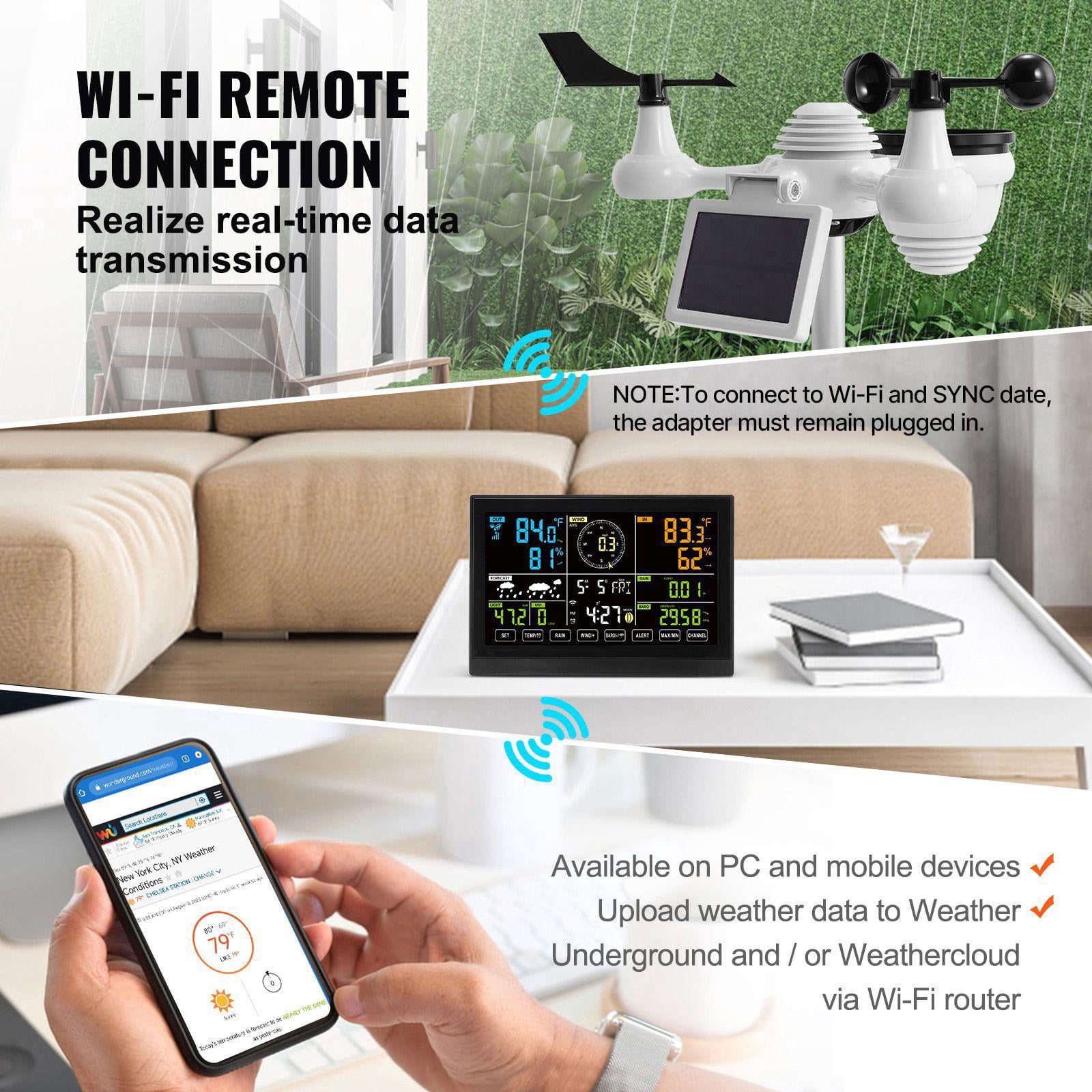 7-in-1 Wi-Fi Weather Station with 7.5 Inch Color Display Solar Wireless Outdoor Sensor for Temperature Humidity Wind Speed Direction Rain Alarm Alerts