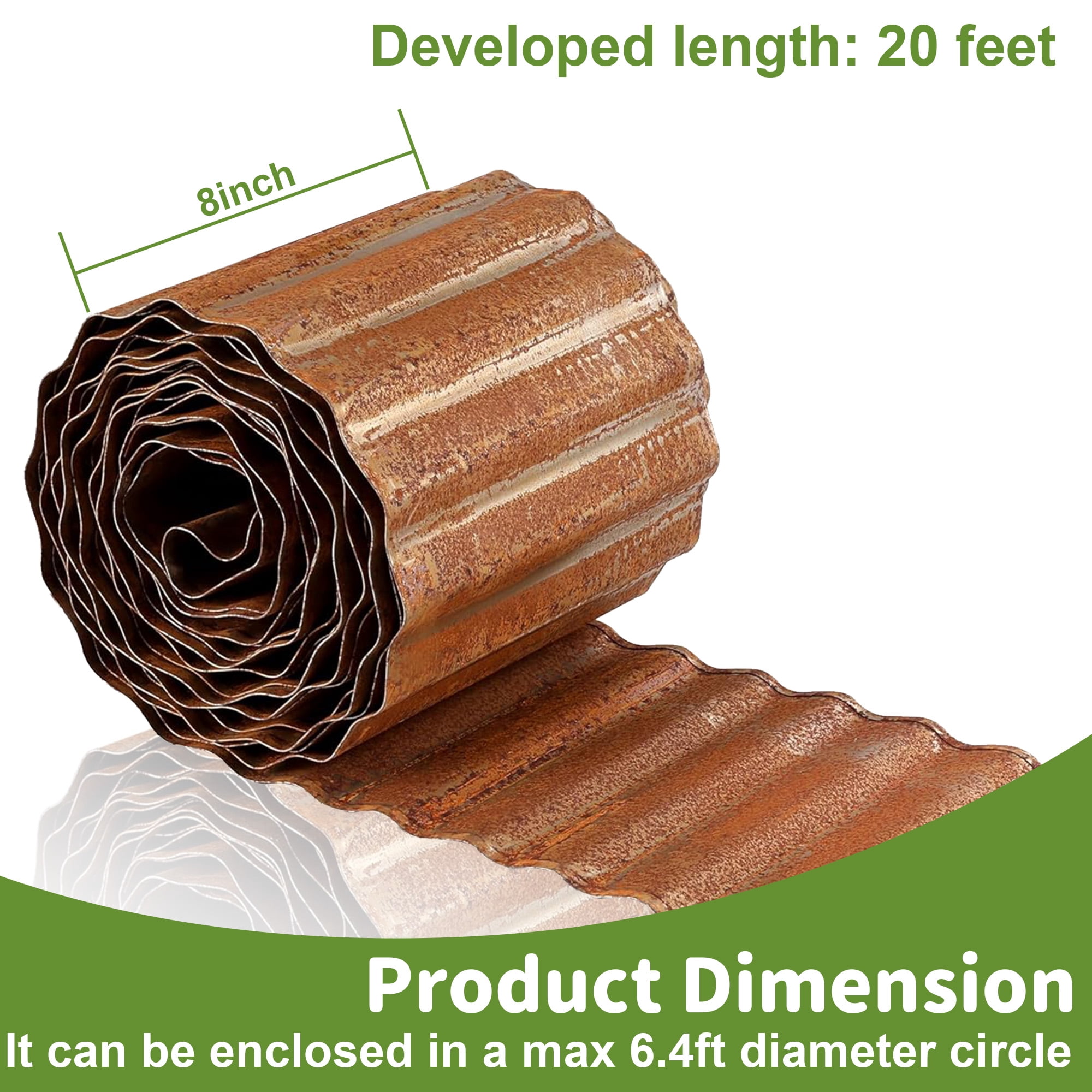 Vinci Metal Landscape Edging Border, 8 Inch x 20 FT Corrugated Steel Garden Edging with Rolled Safety Edges, Flexible Lawn & Flower Bed Edging for Yard, Multiple Sizes & Colors (Rusted)
