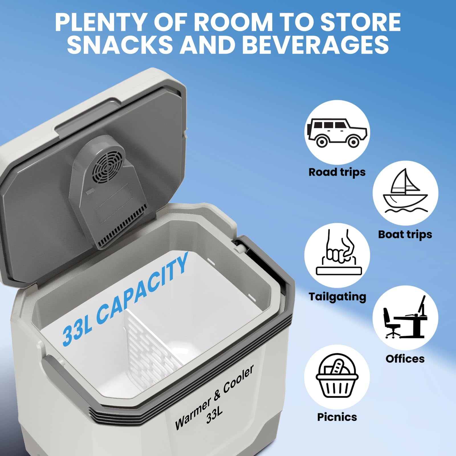 35 QT (33 L) Electric Cooler & Warmer, Portable Car Refrigerator With Automatic Locking Handle, 12V Car Cooler for Vehicle & Trucks, 110V AC Home Power Cord, Plug In Coolers, Grey