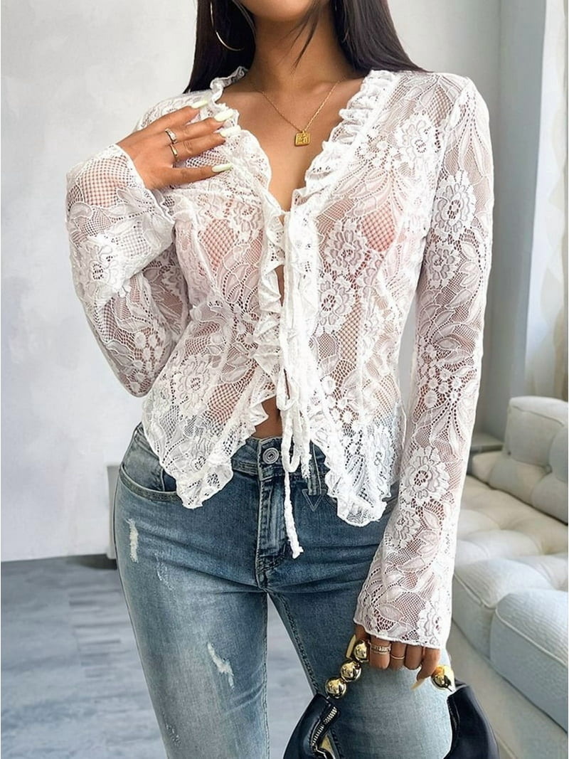Women'S V Neck Lace Sheer Top Mesh See Through Shirts Open Front