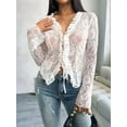 thumbnail image 6 of Women'S V Neck Lace Sheer Top Mesh See Through Shirts Open Front Tie Long Sleeve Blouses Y2k Going Out Tops White M, 6 of 8