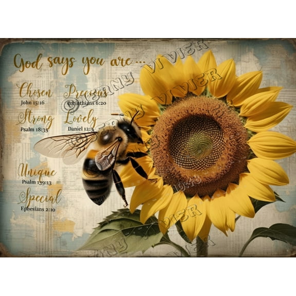 Sunflower and Bee God Says You Are Chosen Strong Unique Vintage Aluminum Sign Inspiration Quote Decor Rustic Farmhouse Wall Decor Retro Metal Sign for Home Office Cafes Wall Art 12"x8"