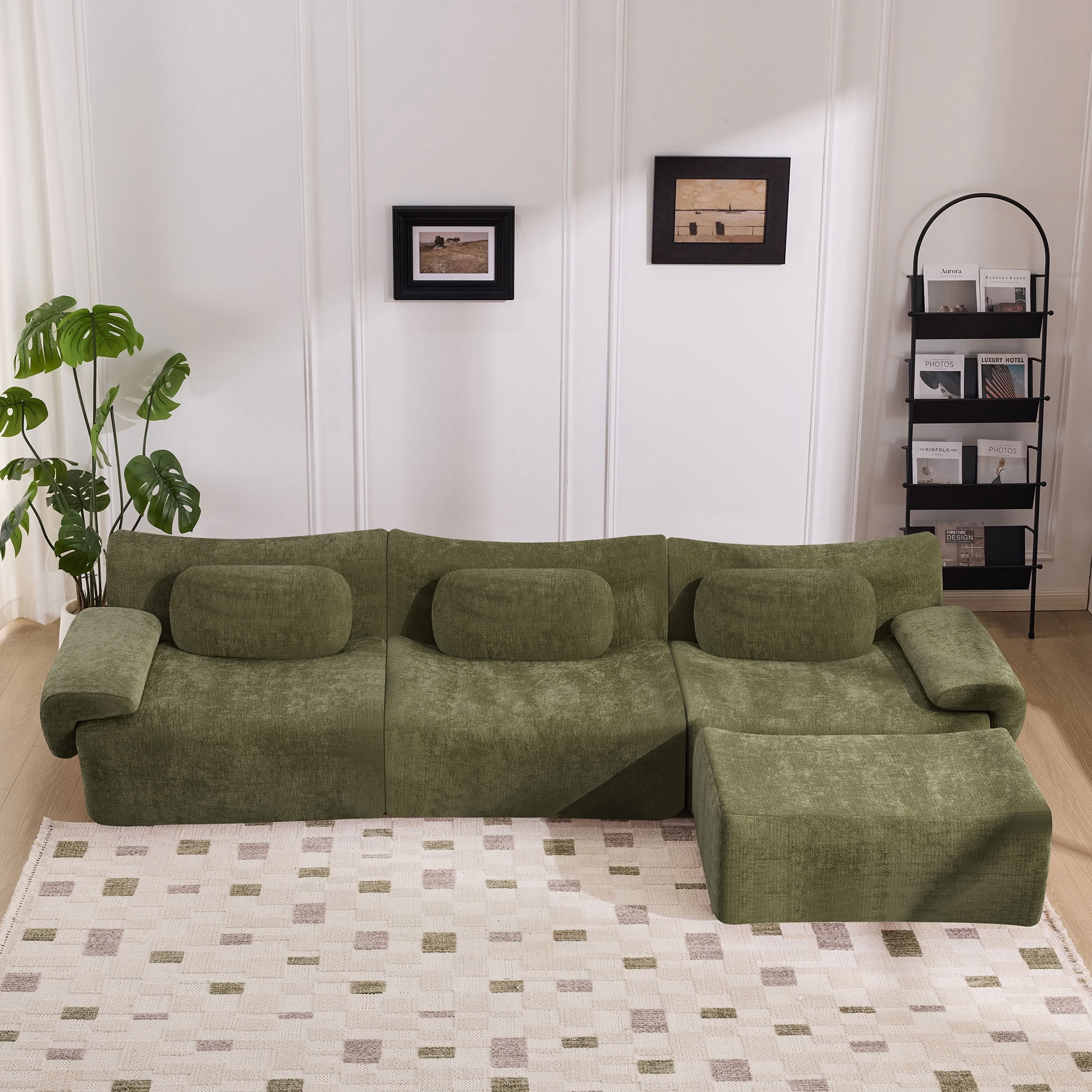 MAYEERTY 3+1 Seat Modular L-Shaped Sectional Sofa with Ottoman, Chenille Upholstered Deep Seat Couch with 3 Throw Pillows, No Assembly for Living Room Bedroom Apartment Small Spaces
