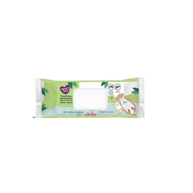 Toallitas humedas Parent's Choice aloe 100 toallitas en empaque rectangular verde y blanco con ilustración de oso y hojas, hipoalergénicas, sin alcohol, ftalatos ni cloro, tamaño 17.8 x 17.4 cm, diseñadas para limpiar, hidratar y calmar suavemente la piel del bebé.