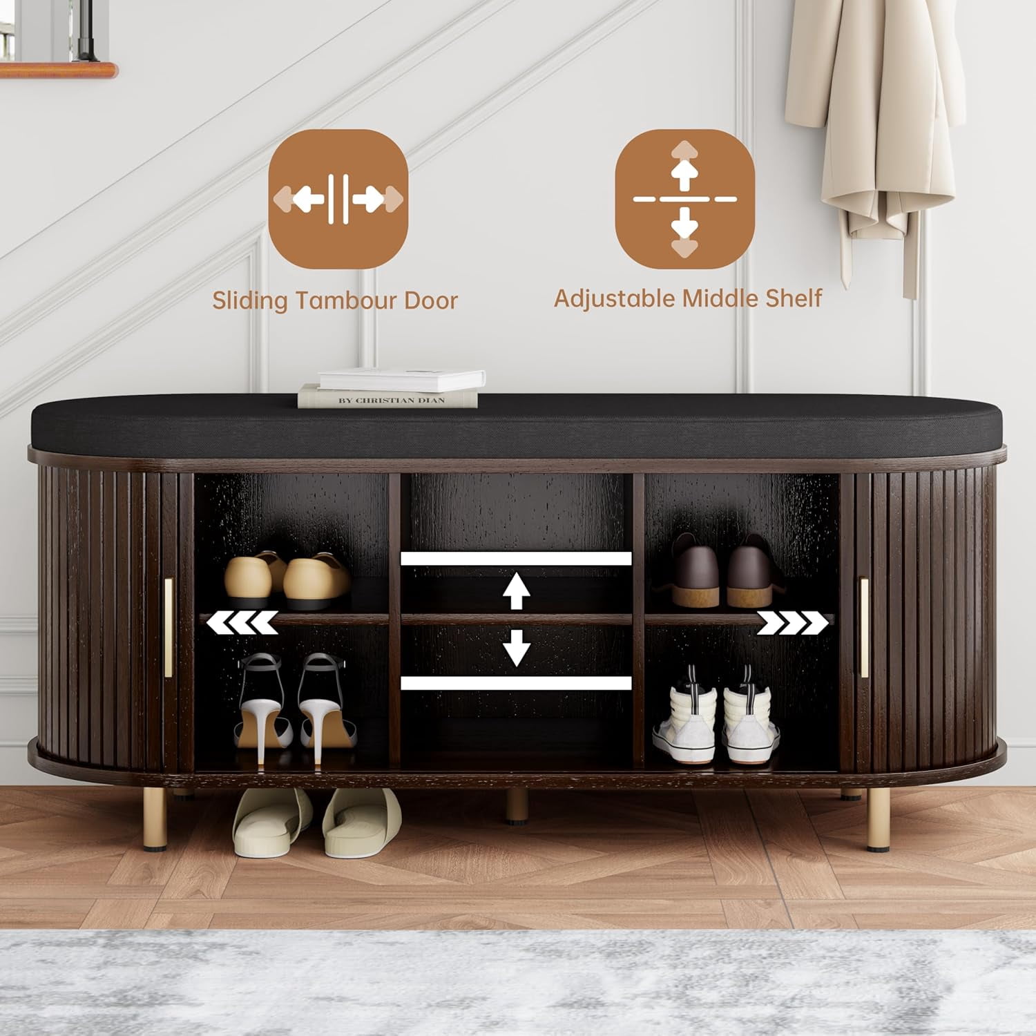 43.3" Storage Bench 2-Tier ,Wide Shoe Bench with Thickened Padded Seat Cushion, Fluted Sliding Door and Adjustable Shelf, for Entryway, Living Room, Bedroom, Dark Walnut