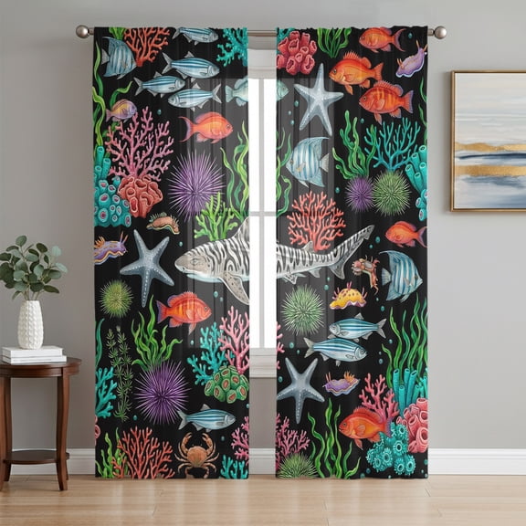Colorful Ocean Sheer Curtains 84 Inch Length 2 Panels Set, Summer Sea Corals Starfish Fish Voile Window Treatment Rod Pocket Curtains Sheers Drapes for Bedroom/Living Room/Kitchen 52"x84"x2