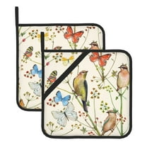 Kitchen Pot Holders Heat Resistant Oven Hot Pads With Hand Pockets And Hanging Loops For Baking Cooking 2 Pack 8'' X 8'' Vintage Bird Safari Butterflies