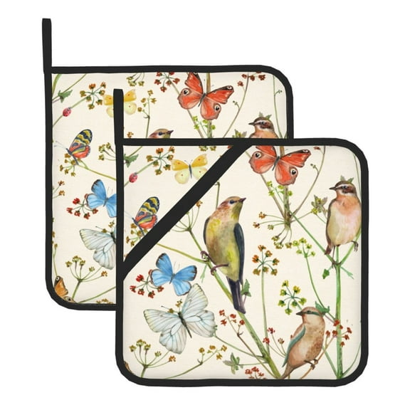 Kitchen Pot Holders Heat Resistant Oven Hot Pads With Hand Pockets And Hanging Loops For Baking Cooking 2 Pack 8'' X 8'' Vintage Bird Safari Butterflies