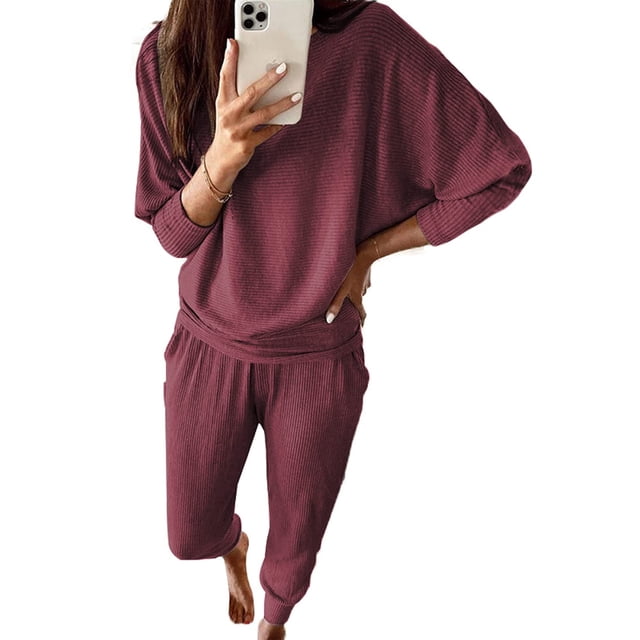 Conjunto de Chándal PRETTYGARDEN para Mujer 2 Piezas de Punto Canalé Vino Tinto L