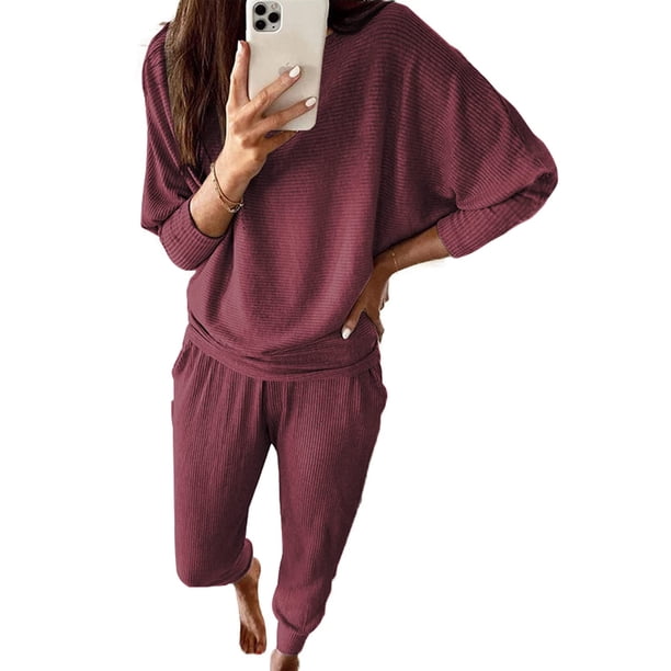 Conjunto de Chándal PRETTYGARDEN para Mujer 2 Piezas de Punto Canalé Vino Tinto L