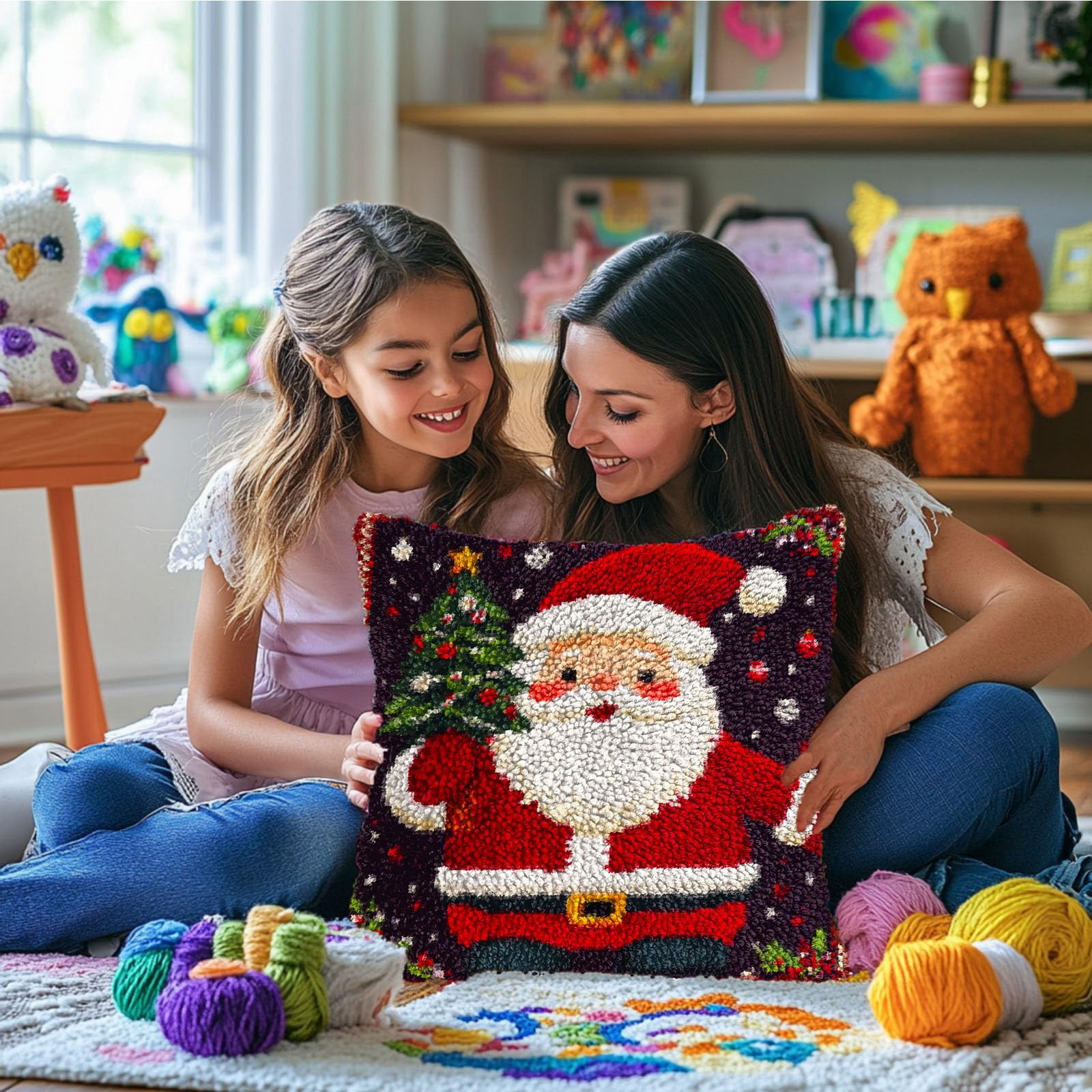 DIY Latch Hook Pillow Kits Cartoon Santa Claus Holding Christmas Tree Printed Pillowcase Crochet Yarns Hooking Handmade Pillow Cover Cushion for Home Sofa Decoration 17x17inch-3