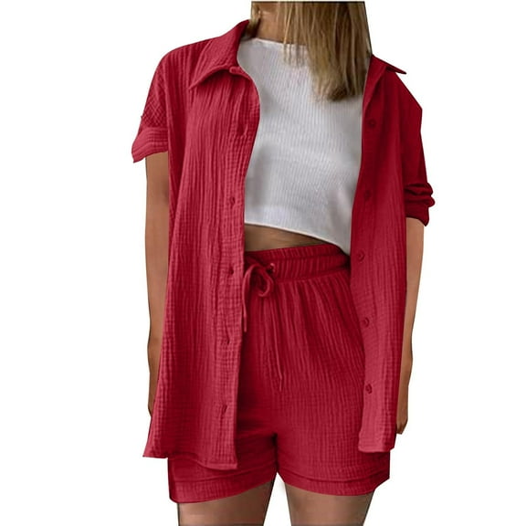 Timegard Summer Sets for Women 2 Piece Lapel Neck Shirts Elastic Waist Shorts Casual Loose Outfits