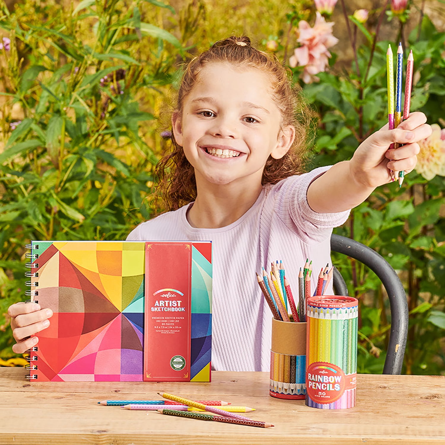 eeBoo: 25 Double-Sided Colored Pencils - Rainbow - 50 Vivid Colors, Stunning Canister, Silver Foil Accents, Artist Quality, Non-Toxic Art Supplies