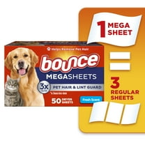 Bounce Pet Hair and Lint Guard Mega Dryer Sheets with 3X Pet Hair Fighters, Fresh Scent, 50 Count