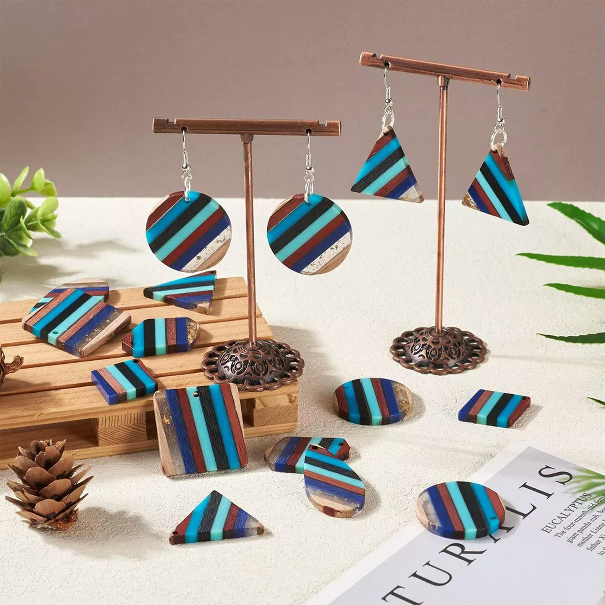 U8MO 1 Box Resin Walnut Wood Pendants Cyan Triangle DIY Geometry Earring Making Kit